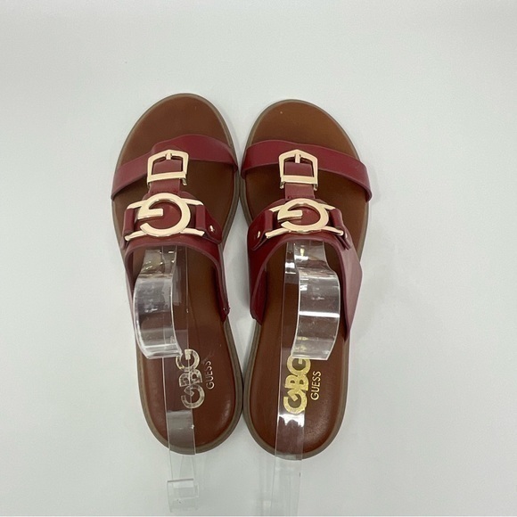 G By Guess Dark Red Open Toe Sandal with Gold Accents Size 7 1/2 - Picture 9 of 12